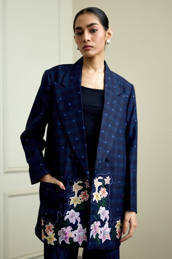 Blue Longline Checked Blazer with Floral Applique Embroidery — THE FINICKY COLORIST