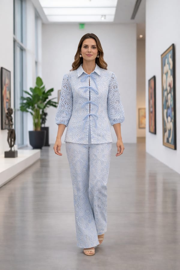 Blue Eyelet Cutwork Shirt and Wide-Leg Pants Co-ord Set — DODO & MOA