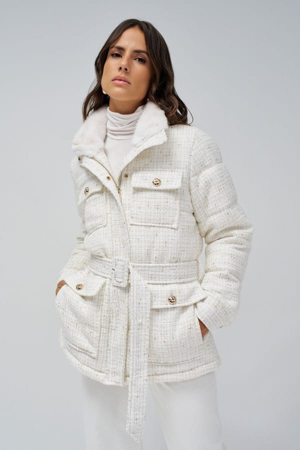 Light Pearl Padded Tweed Belted Trench Coat — SALSA JEANS