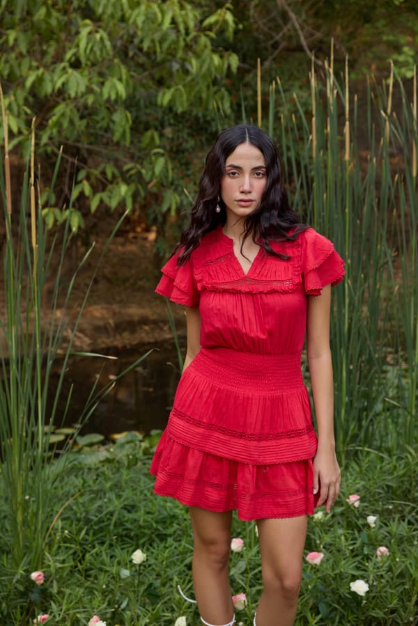 Red Smocked Waist Tiered Mini Dress — The Clothing Factory