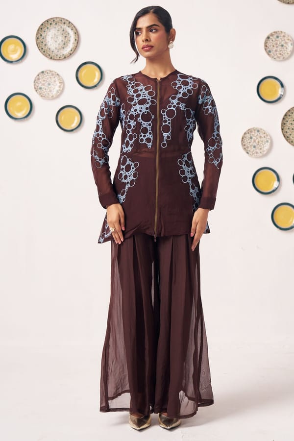 Chocolate Brown Embroidered Jacket & Flared Pants Co-Ord Set — Western Era