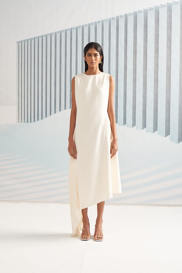 White Crepe Midi Gown with Circular Pleated Hip Detail — Pleats by Aruni
