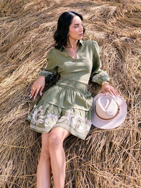Green Linen Tiered Mini Skirt with Embroidered Hem — Style Island