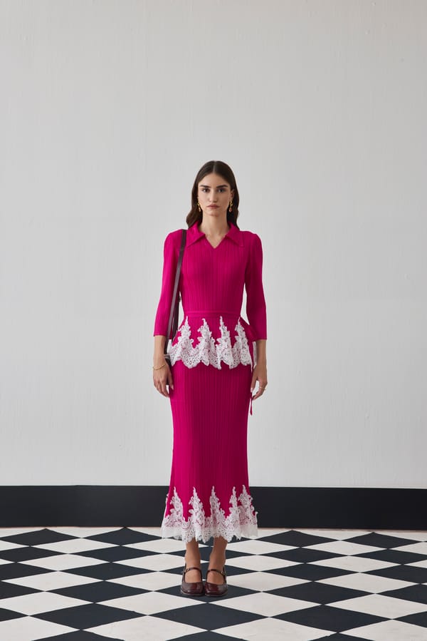 Fuchsia Peplum Top and Midi Skirt Co-ord Set — Pleats by Aruni