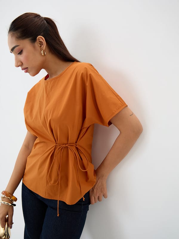 PaperLite Poplin Rust Side Tie-Up Top — Femmella