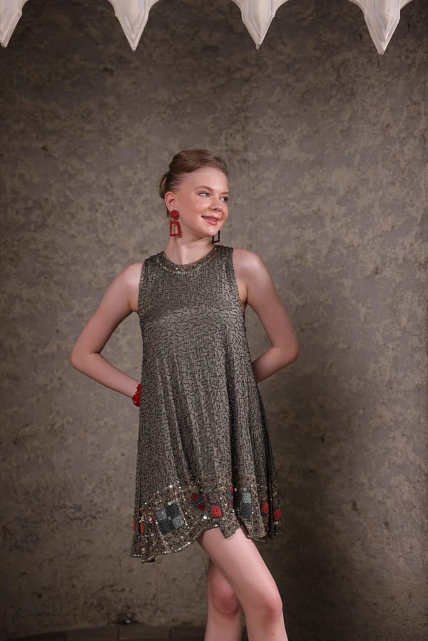 Olive Sequin Embellished Shift Dress — EDITION II