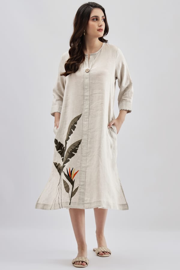 Beige Linen A-Line Midi Dress with Botanical Applique — Linen Bloom