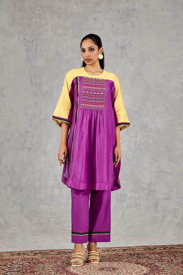 Purple and Yellow Colorblock Tunic Pants Co-ord Set — SHIVANI BHARGAVA