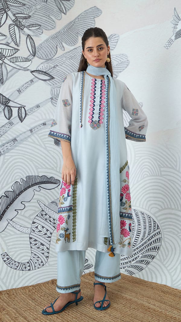 POWDER BLUE EMBROIDERY KURTA SET — SHIVANI BHARGAVA