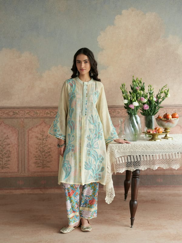 BUTTER YELLOW & TURQUOISE A-LINE KURTA WITH PANT — TASHA INDIA