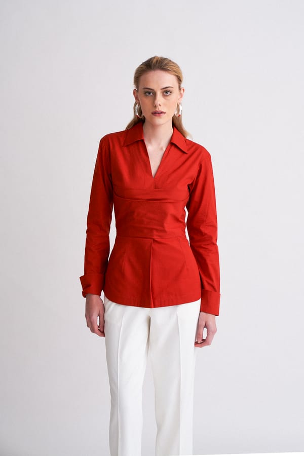 Red Cotton Poplin Shirt with Bustier-Style Panel — NOTEBOOK