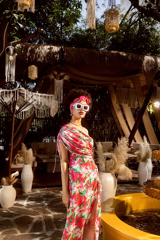 Hot Pink One-Shoulder Floral Maxi Dress With Drawstring Slit — MAI TAI