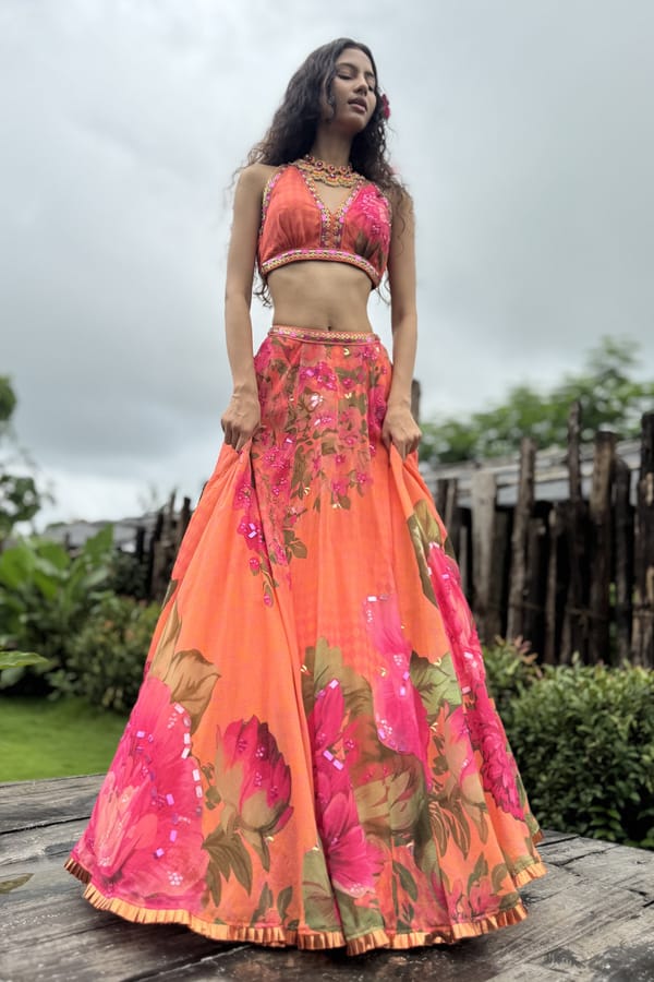 Orange Floral Organza Lehenga Set with Tie-Back Choli — Basil Leaf
