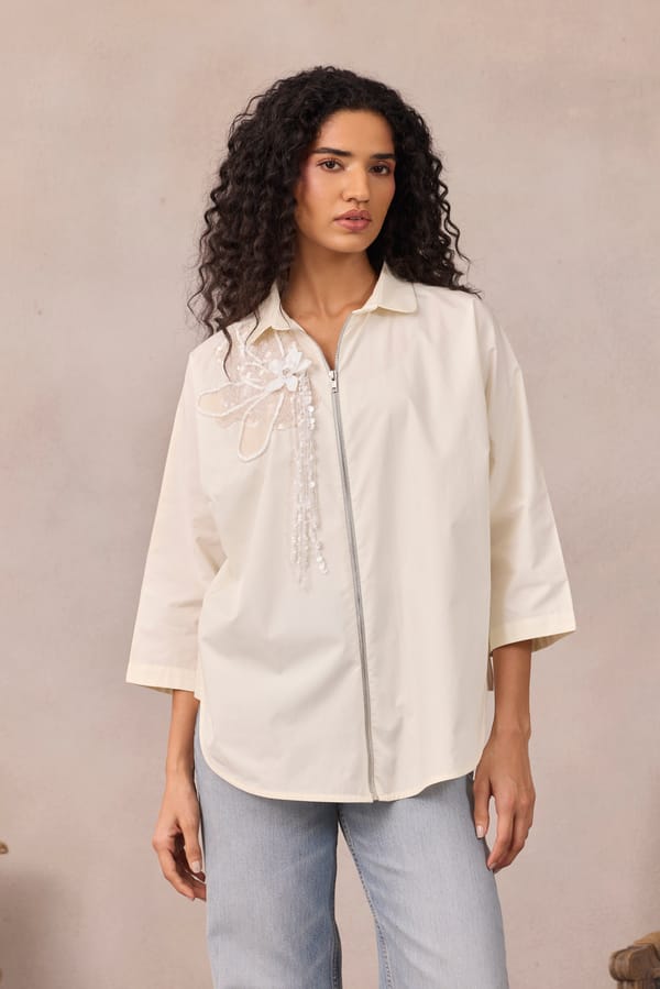 Vanilla Cloud Zip-Front Shirt with Floral Applique — 63East