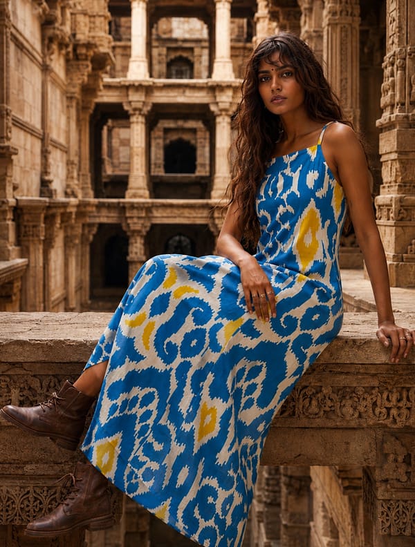 Blue Ikat Print Cotton Strappy Maxi Dress — Truebrowns