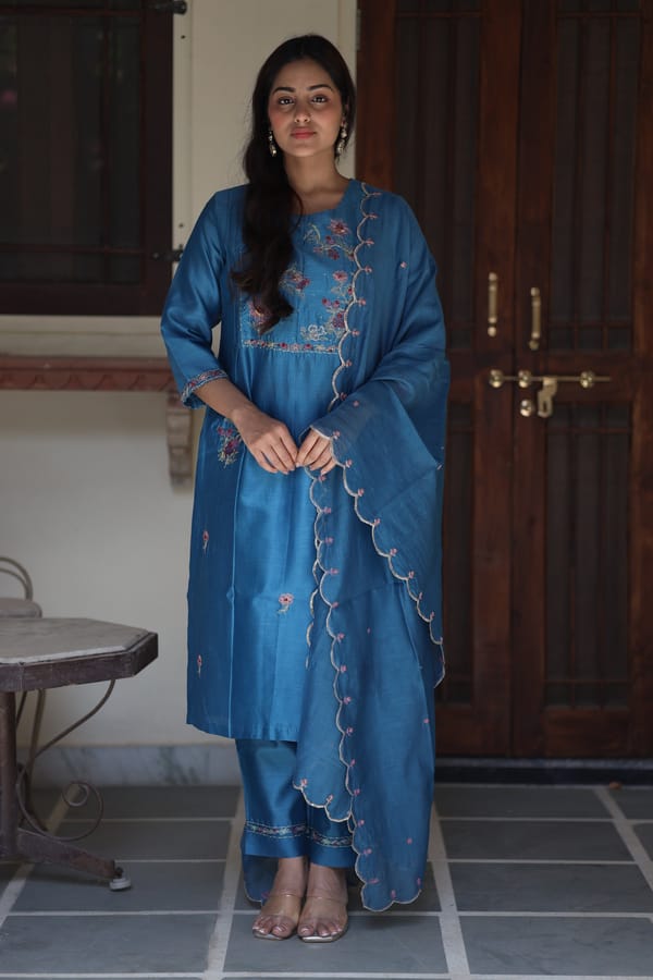 Prussian Blue Chanderi Embroidered Kurta Set with Dupatta — Tatwa Designs