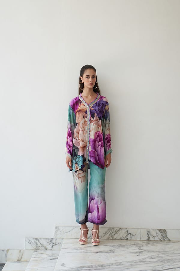 Multicolor Floral Crepe Co-ord Set with Button-Front Top — Chakkraa