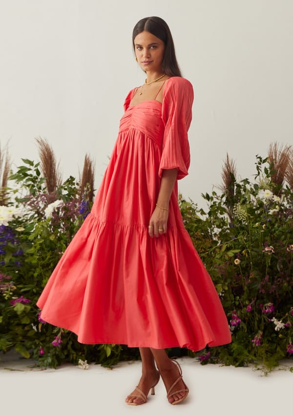 Red Tiered Midi Dress with Detachable Sleeves — AMOSHI