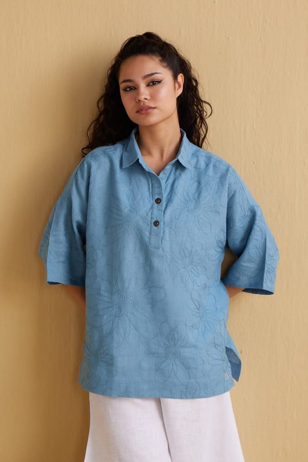 Powder Blue Oversized Linen Embroidered Collared Top — YELL