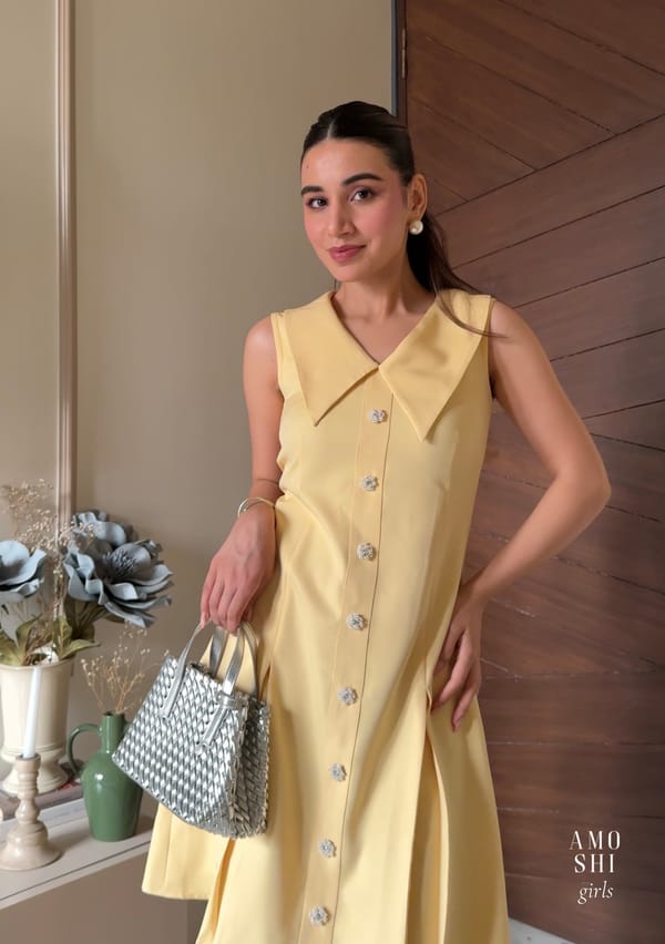 Butter Yellow Sleeveless Collared A-Line Dress with Pearl Buttons — AMOSHI