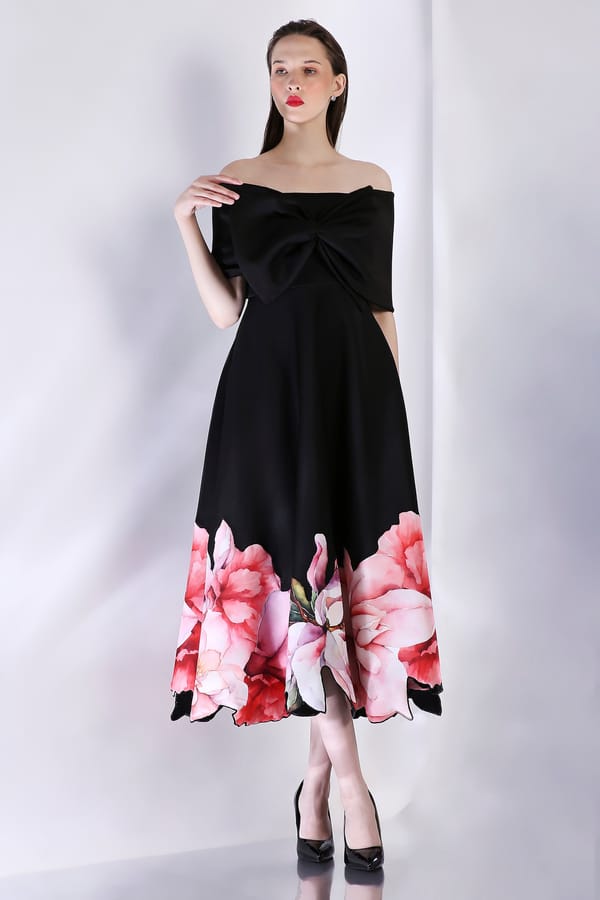 Black Off-Shoulder Bow Midi Dress with Floral Hem Print — OZEQO
