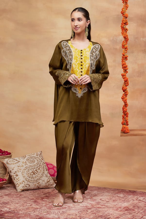 Rewa Hand Embroidered Banarasi Dhoti Set - Olive — DAREISS