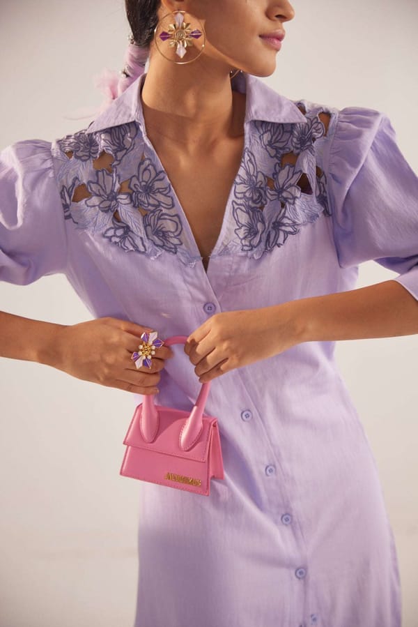 Lavender Cotton Satin Maxi Shirt Dress with Cutwork Yoke — WESTERNERA
