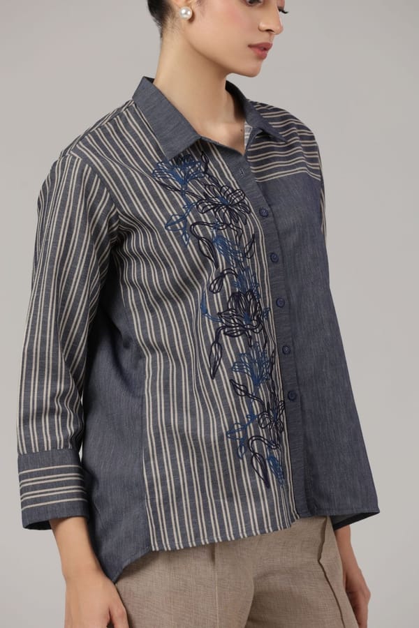 Denim Blue Striped Embroidered Cotton Shirt — Truly SMA