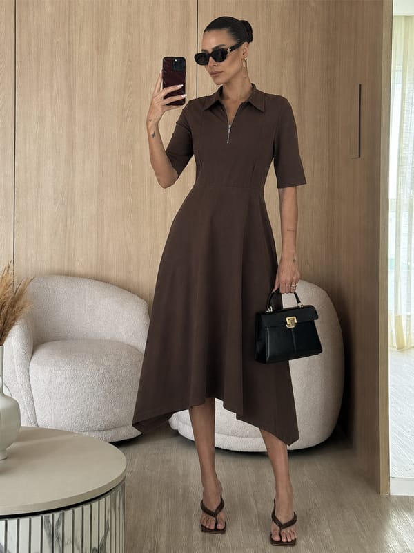 TrueStretch Cotton Mocha Zip-Up Dress — Femmella