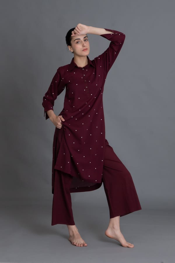 Burgundy Dot Front-Open Shirt Co-ord — Khat