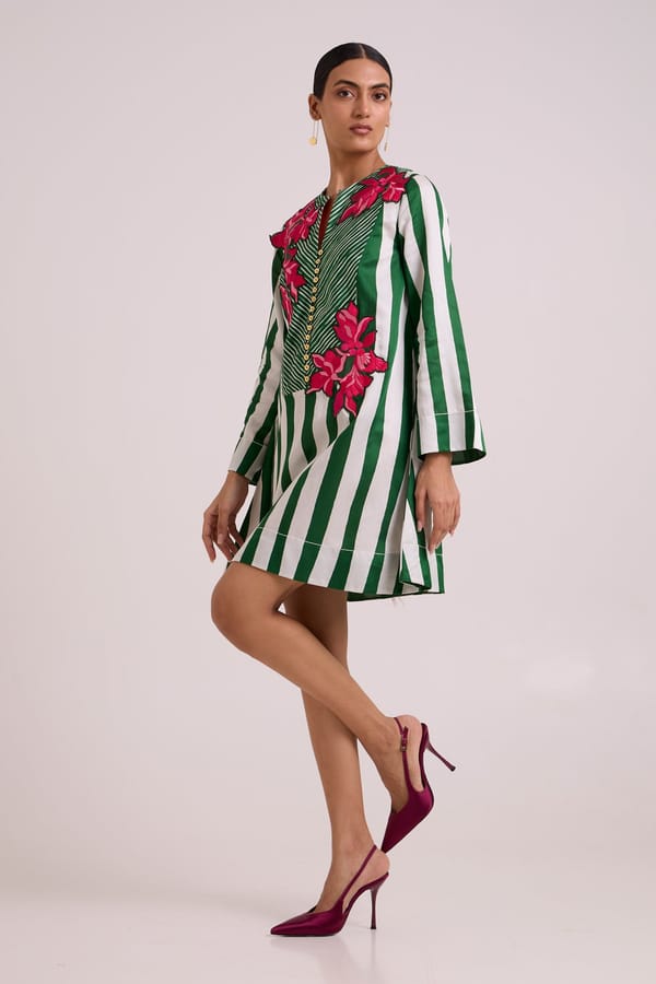 Green and White Striped Mini Dress with Floral Applique — Madder Much