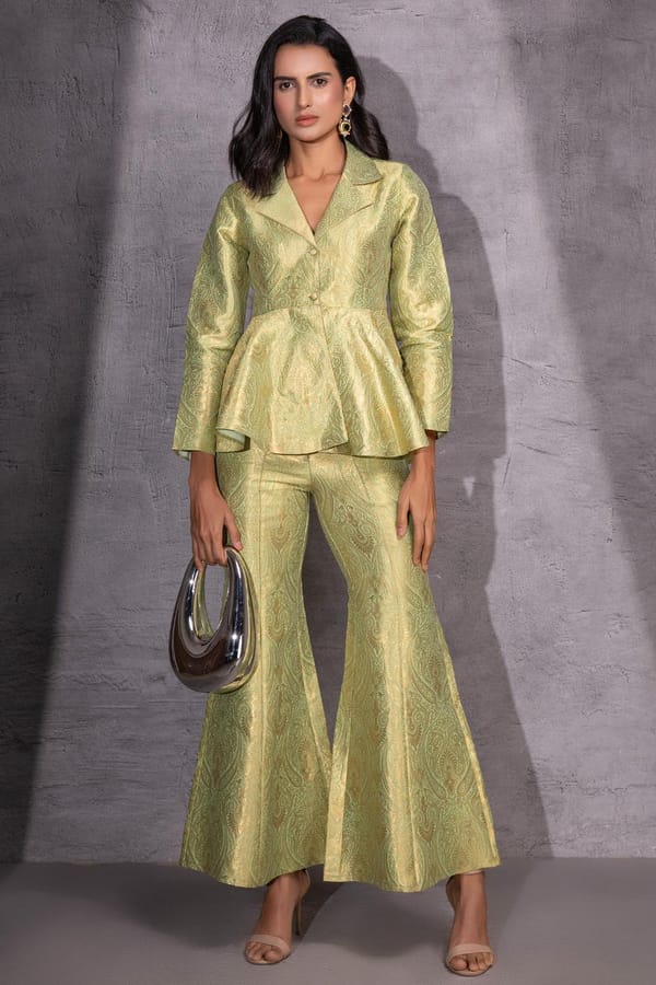 Golden Sage Brocade Peplum Top and Flared Pants Co-ord Set — Designs by Queen Bee