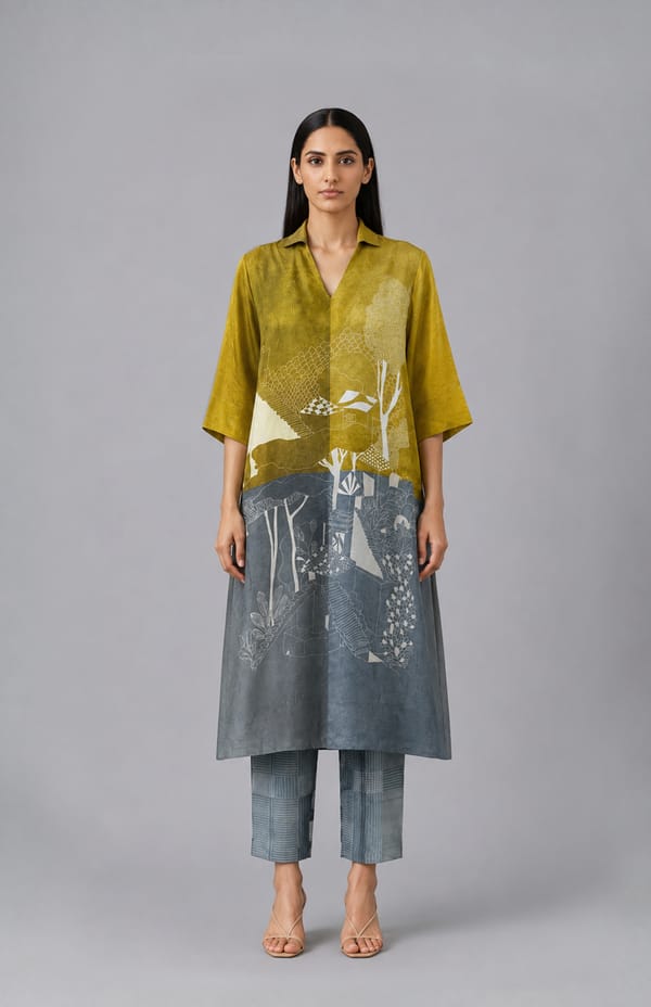 Olive/Grey Dupion Silk Printed Kurta Set with Pants — CLOS
