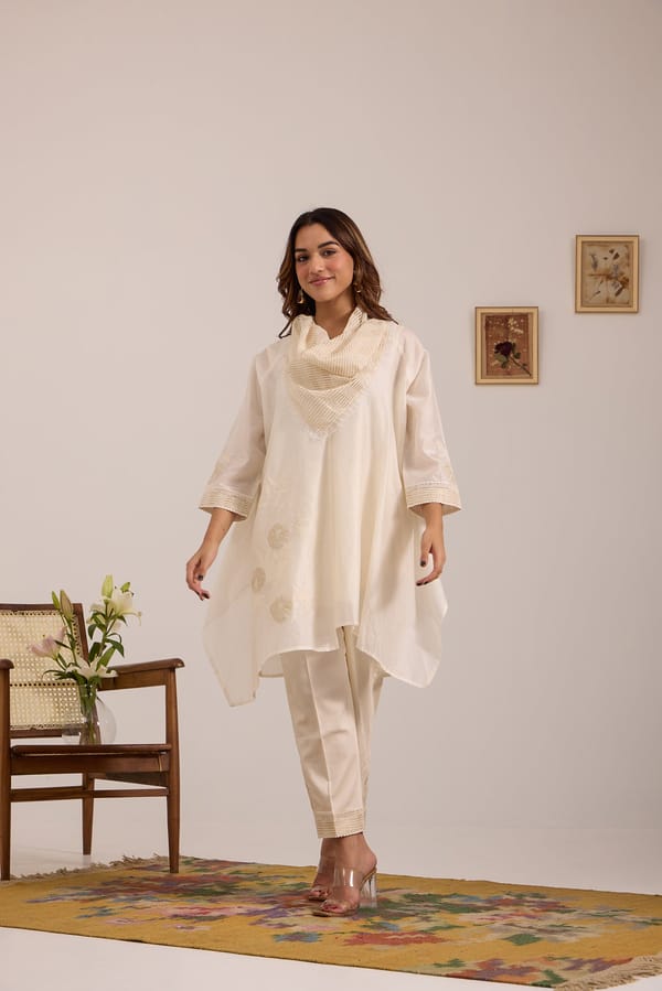 Asymmetric Tissue Patch Side Embroidered Cowl Tunic Set — Omi Clothing