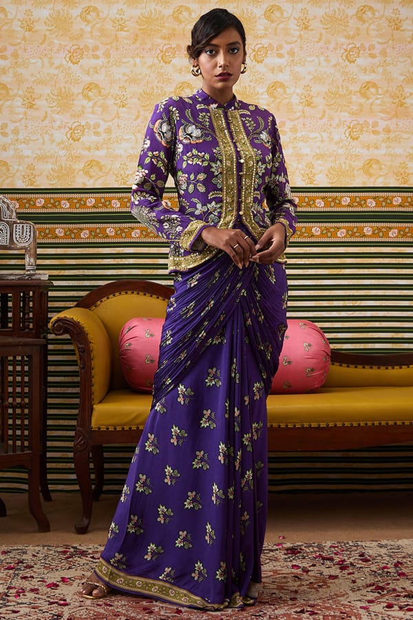 Mehr Embroidered Jacket With Drape Skirt — SOUP by Sougat Paul