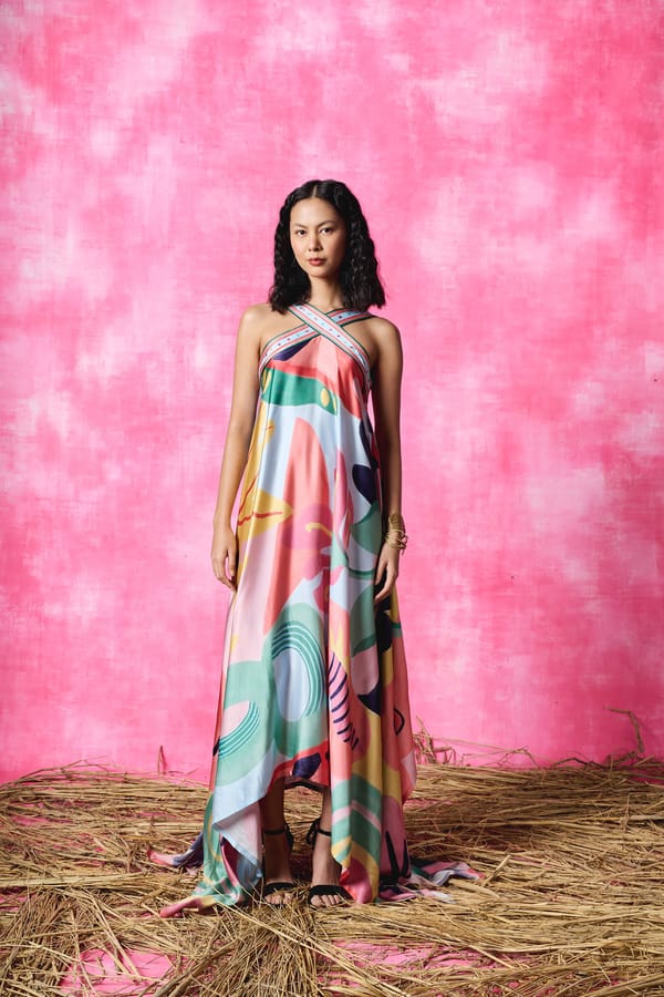 Multicolor Printed Halter Handkerchief Maxi Dress — Pocketful Of Cherrie