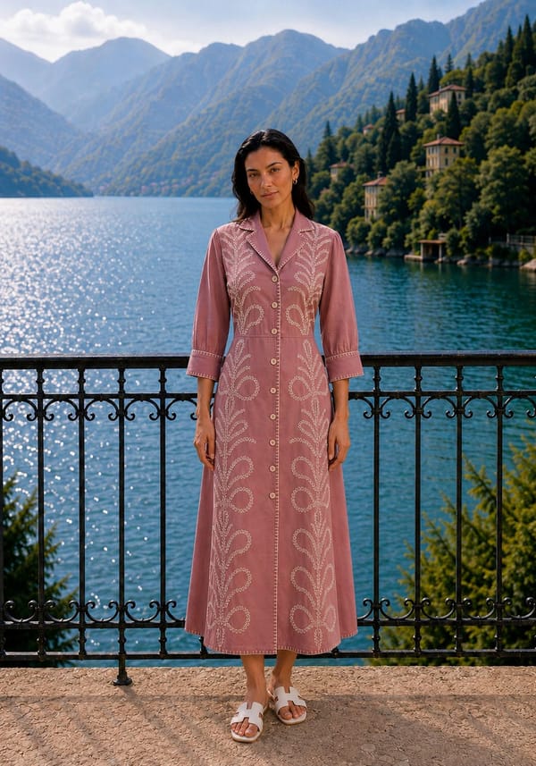 Pink Embroidered Midi Shirt Dress with Button Front — Younglings
