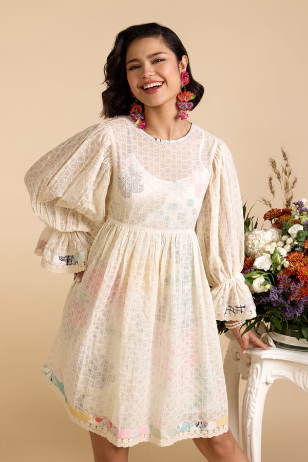 White Eyelet Lace Overlay Mini Dress with Balloon Sleeves — AVERIE