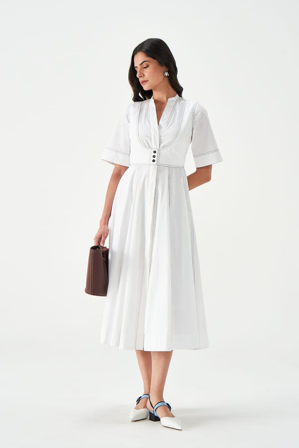 White Cotton Fit and Flare Midi Dress with Contrast Stitching — NOTEBOOK