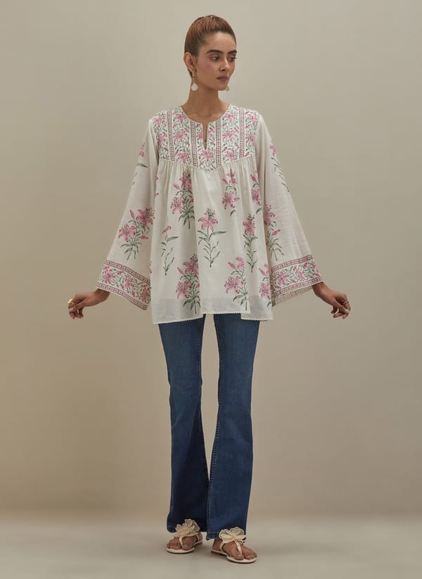 Off White Cotton Top Block Print — Upavita