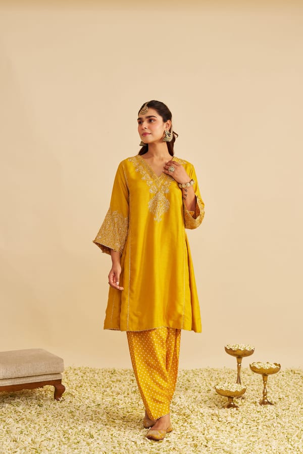 Mustard Upada Silk Embroidered Kurta Set with Salwar — Sheetal Batra