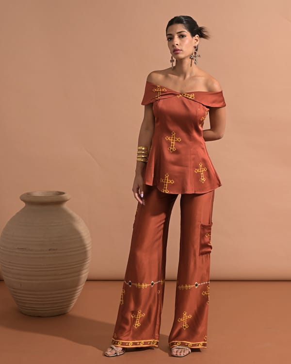 Rust Red High-Waist Wide-Leg Printed Cargo Trousers — Missy Co.