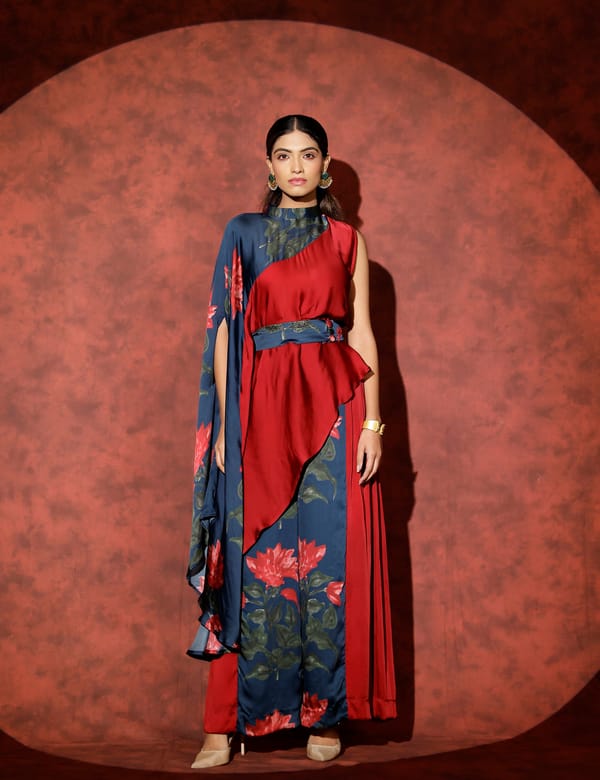 Asymmetric One-Shoulder Draped Co-ord Set with Belt — STUDIO SURBHI