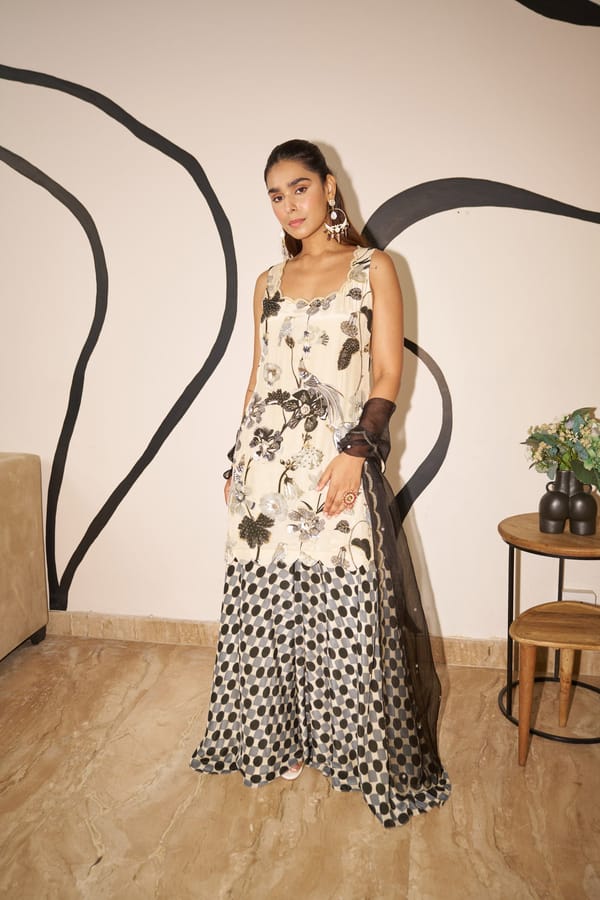 Ivory and Black Printed Kurta Sharara Set with Dupatta — SURABHI ARYA