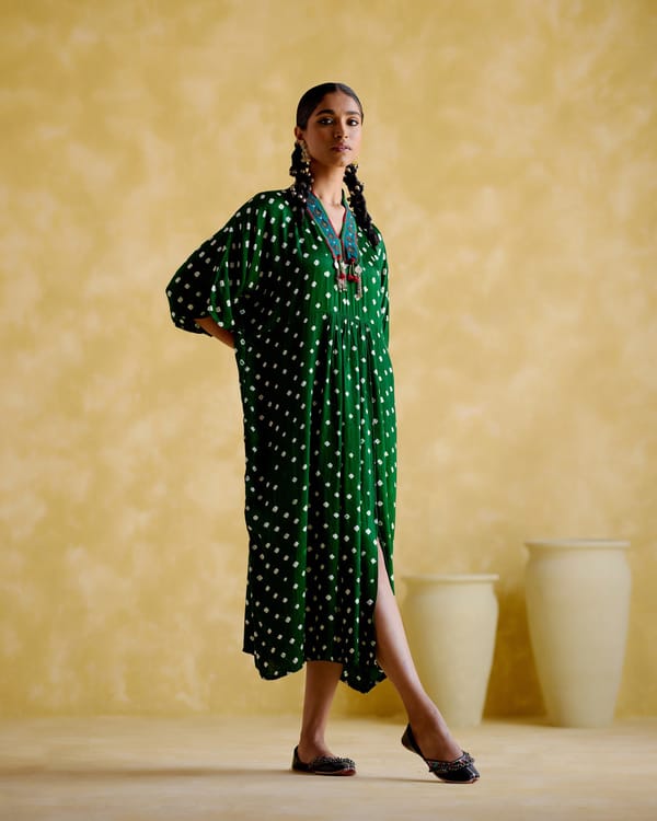 Green Bandhani Kaftan with Mirror-Work V-Neck — 5 Elements