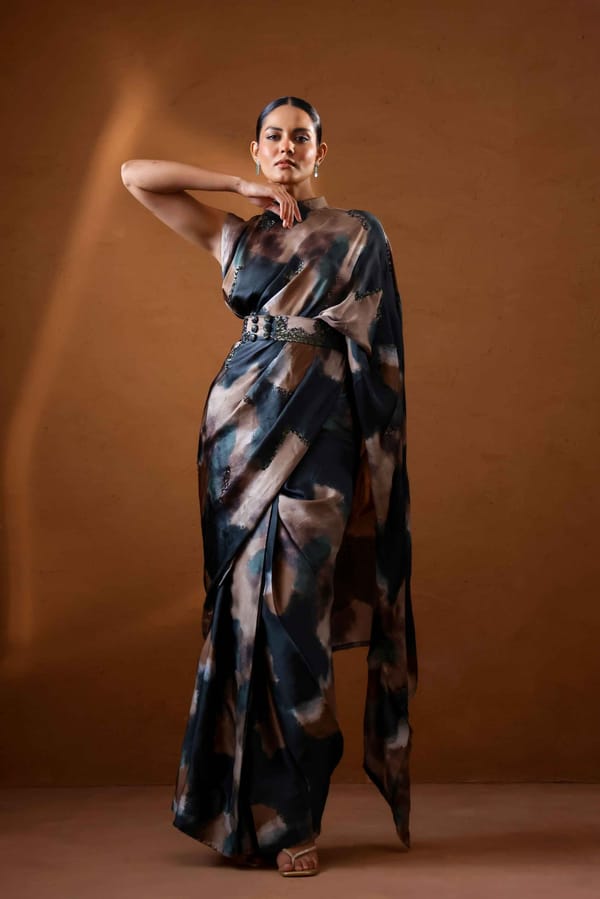 Multicolor Abstract Print Pre-Draped Saree Set with Belt — STUDIO SURBHI