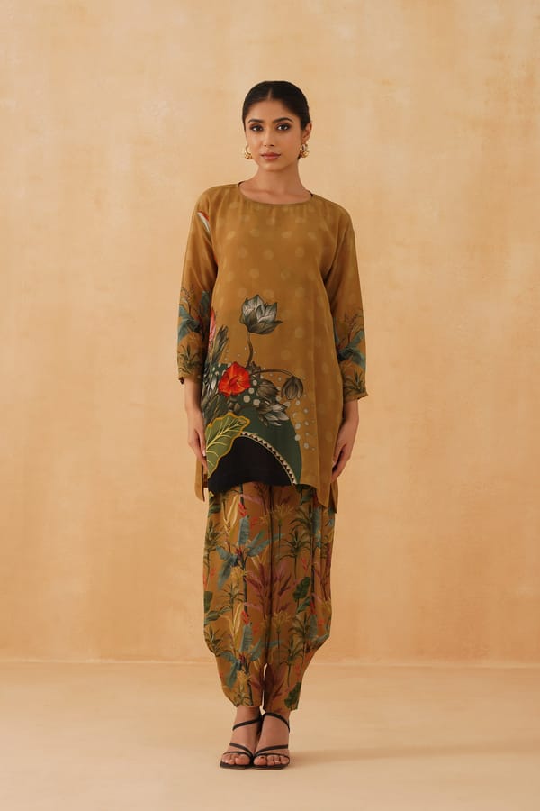 Mustard Printed Tunic and Wide-Leg Pants Co-ord Set — NEETIKA CHOPRA