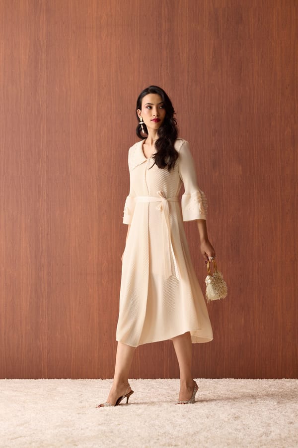 Apricot Cream Pleated A-Line Midi Dress With Pearl Collar — Scarlet Sage