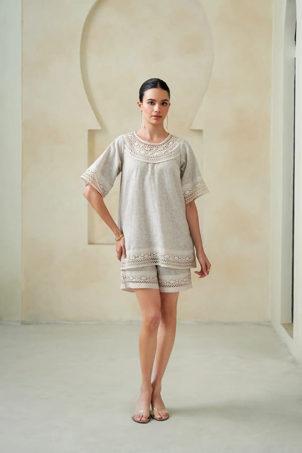 Beige Tunic Top and Shorts Co-ord Set with Lace Yoke — STITCH STORIES