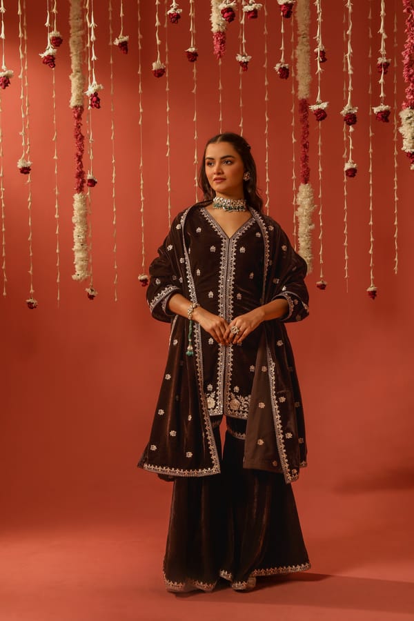 Brown Velvet Kurta Sharara Set with Dupatta — NARAYANI VASTRA